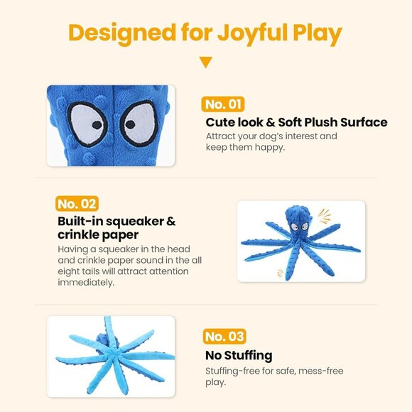 Squeaky Dog Toys - Octopus No Stuffing Crinkle Plush Large Dog Toys to Keep Them - Picture 6 of 9